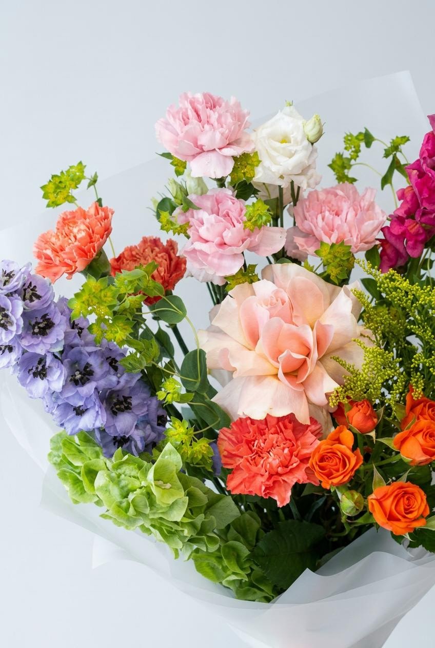 Крупный план букета «Живая палитра» с персиковой розой, диантусом, дельфиниумом и зелёными акцентами