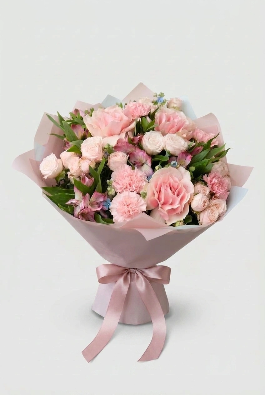 Пудровый букет Твидия в розовом с розами и альстромерией